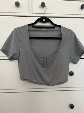 SKIMS Gray Scoop-Neck Cropped Button Top